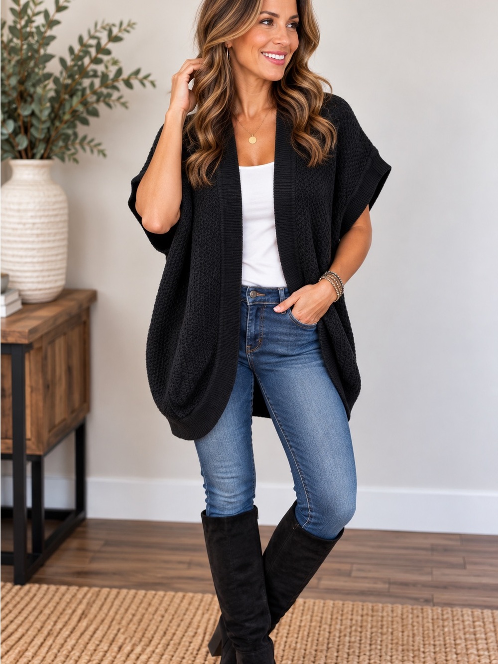 Calvin Klein Black Open-Front Knit Poncho Cardigan